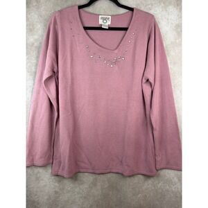 NWOT VTG Cervelle ‎ Women's Dusty Pink Embellished VNeck Sweater Size Large